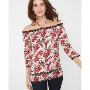 White House Black Market White & Red Floral Off the Shoulder Top - M